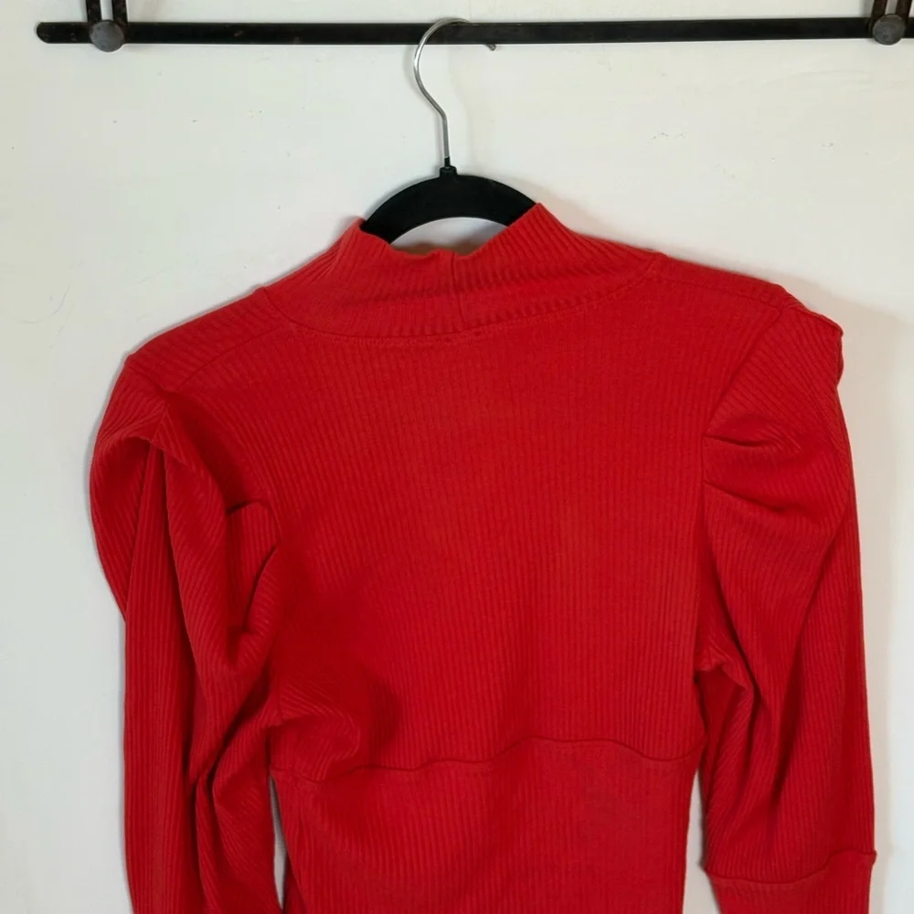 Free People Ribbed Orange Lala Puffed Sleeve Turtleneck Size L